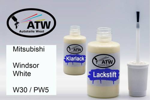 Mitsubishi, Windsor White, W30 / PW5: 20ml Lackstift + 20ml Klarlack - Set, von ATW Autoteile West.